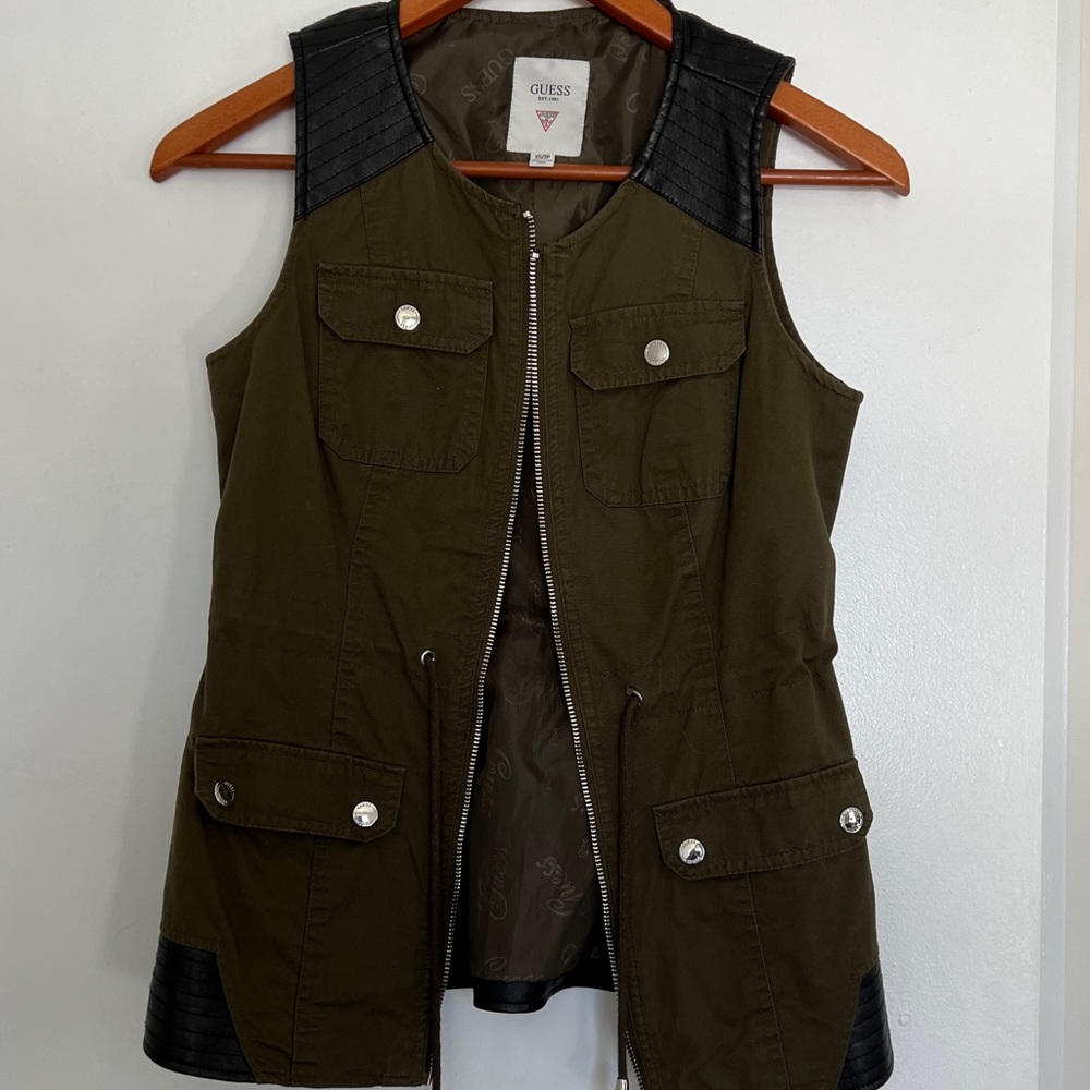 GUESS olive green & black leather vest size XS with zipper and strings